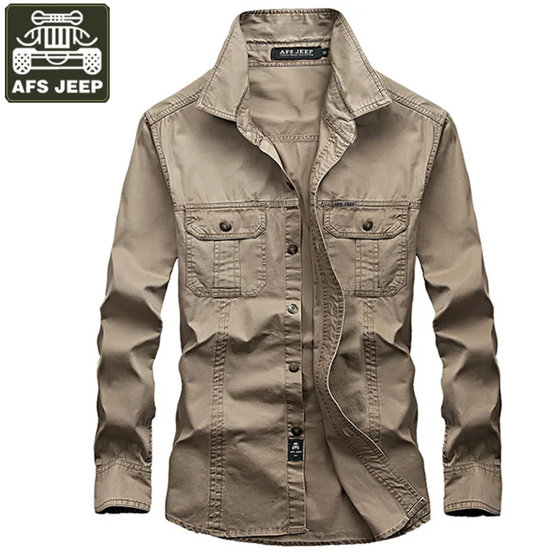 Günstig AFS JEEP Marke Shirt Men Casual Shirts 100% Baumwolle Lange ärmeln Hemd Army Military Camisa Masculina Größe 6XL Feste Männer hemd