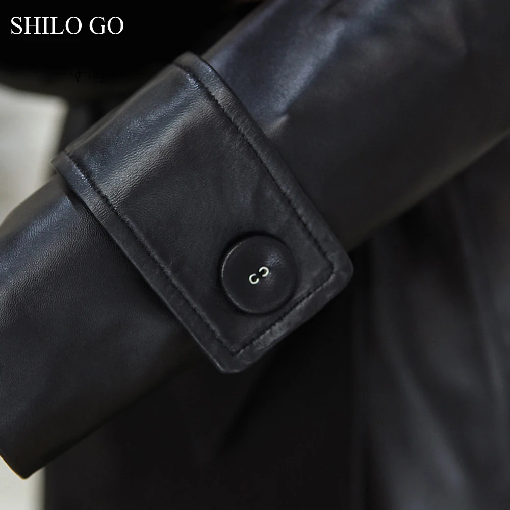 SHILO GO кожаный Тренч Женская Весенняя мода Овчина натуральная кожа длинное пальто с воротником и бантом на поясе однобортное пальто