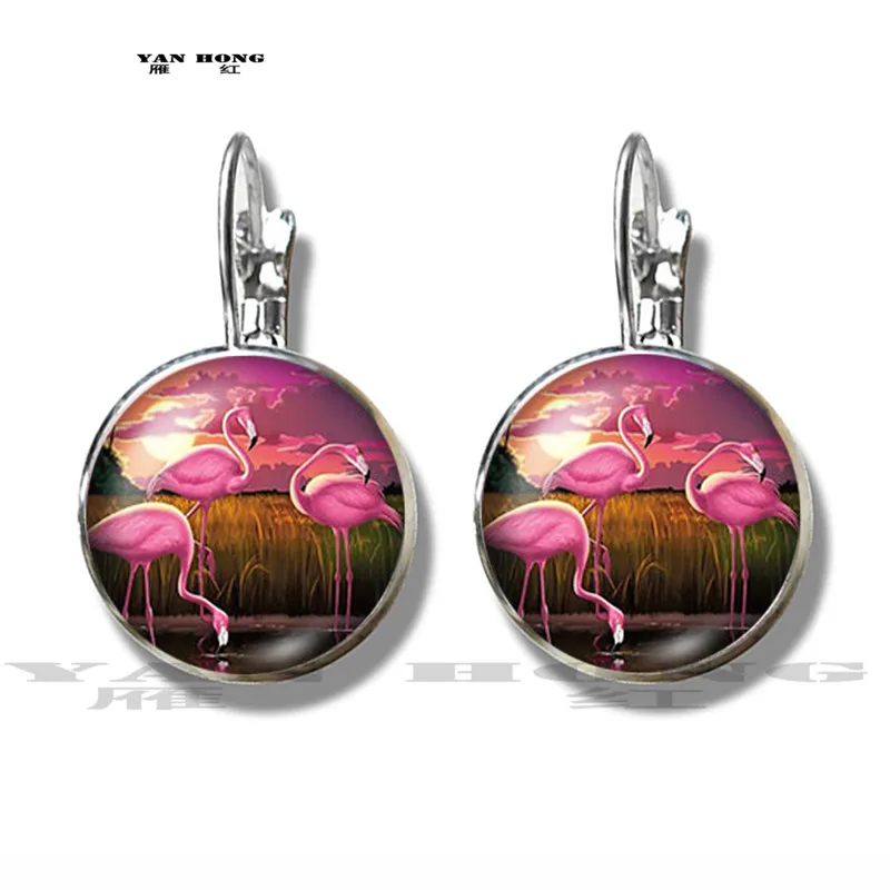 

YANHONGFashionable Flamingo Animal 10 16MM Earrings Circular Photo Glass Pendant Demonstration Flat Back Making Discovery ZB0570