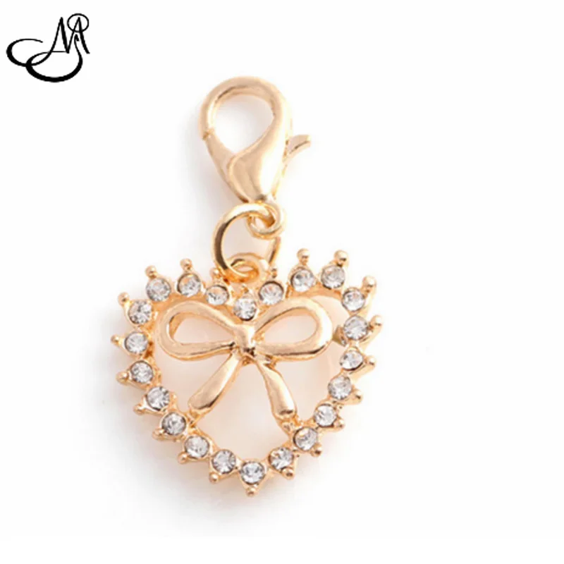 20Pcs/lot Gold Lobster Clasp Charms Crystal Heart With Bowknot Dangle