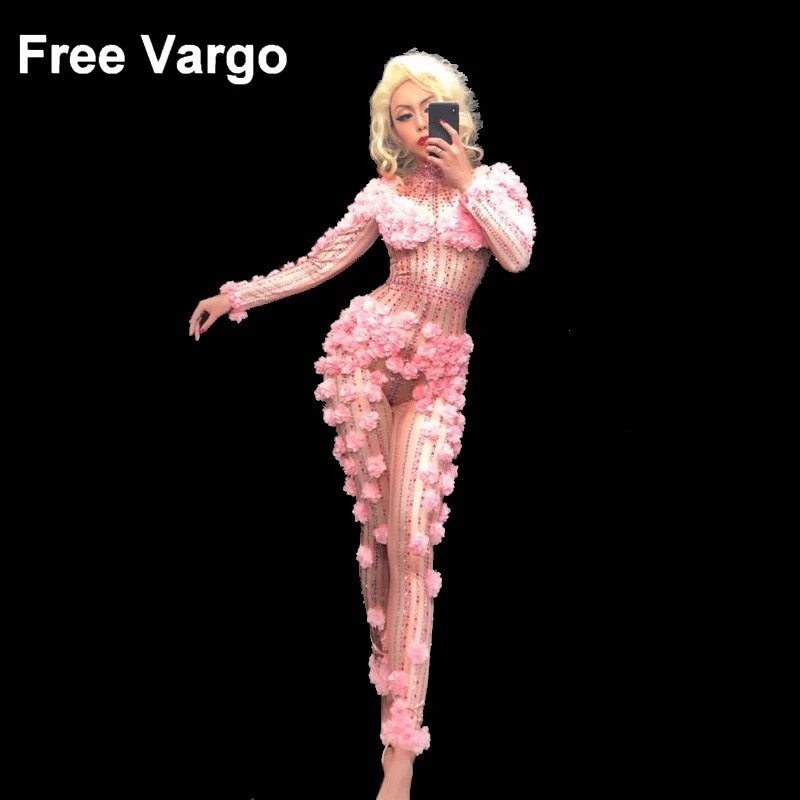 Sexy Pink Flower Rhinestone Bodysuit Jumpsuit Drag Queen Costumes Singer Stage Wear One-piece Costume Stretch Outfits Sexy Pink Flower Rhinestone Bodysuit Jumpsuit Drag Queen Costumes Singer Stage Wear One-piece Costume Stretch Outfits