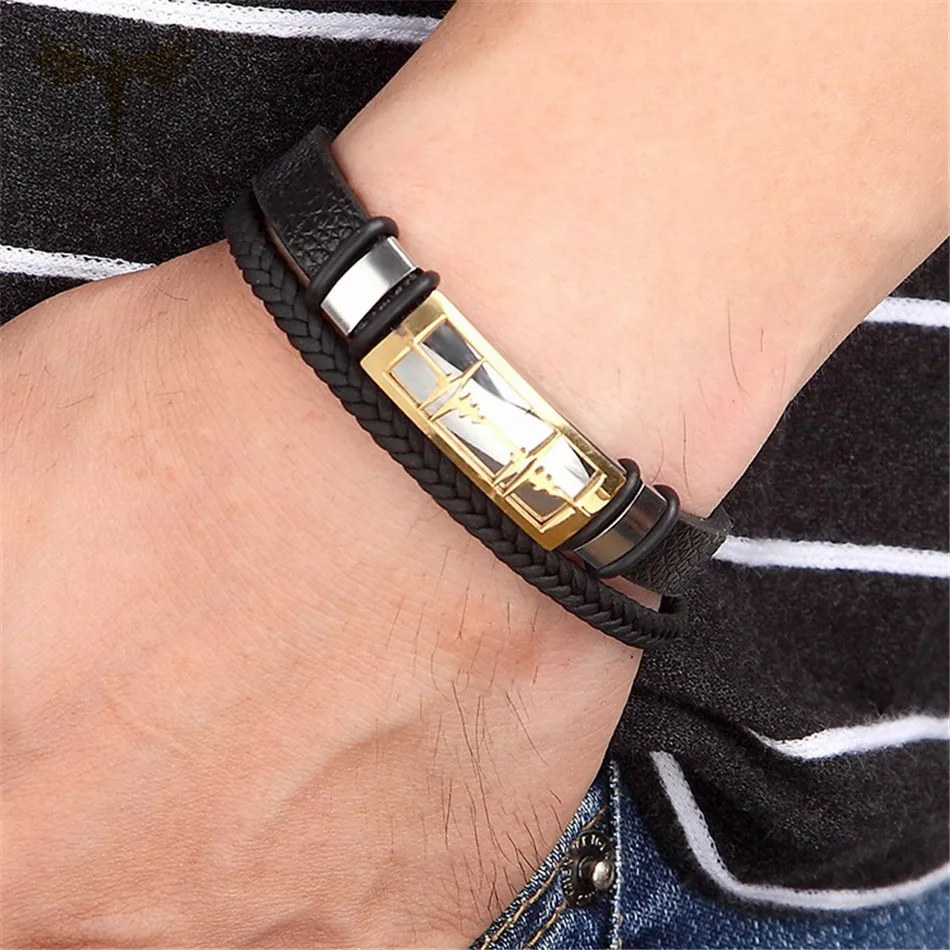 Multi Layer Black Leather Bracelets for Lovers Love Heart ECG Design Stainless Steel Cuff Bridal Bracelet Lovers' Couple Jewelry