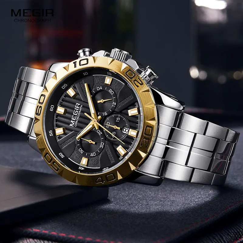 

MEGIR Men's CHronograph Business Quartz Watches Stainless Steel Waterproof Luminous Wristwatch Man Relogios Masculino MS2087