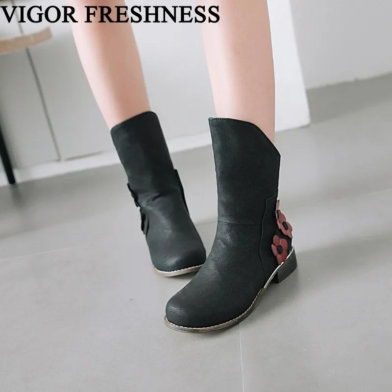 

VIGOR FRESHNESS Shoes Women Ankle Boots Winter Woman Shoes Autumn Boots Dress Shoes Low Heels Party Shoes Flower Slip On MY71