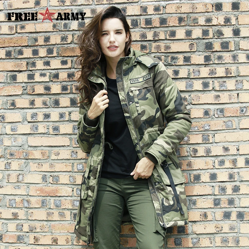 FreeArmy Militaire Camo Vrouwen Winter Jassen Jas Medium Lange Uitloper Hooded Thicken Warm Rits dames Parka Overjas GS-8908 FreeArmy Militaire Camo Vrouwen Winter Jassen Jas Medium Lange Uitloper Hooded Thicken Warm Rits dames Parka Overjas GS-8908
