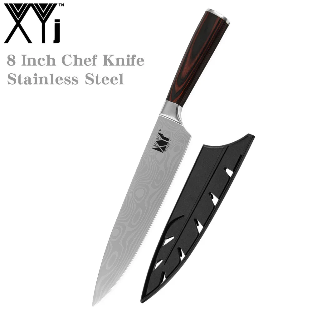 XYj 8 inch Stainless Steel Chef Knife Damascus Pattern Blade Color Wood Handle Kitchen Cooking Knives Meat Fish Tools Accessory - Color: NO.4