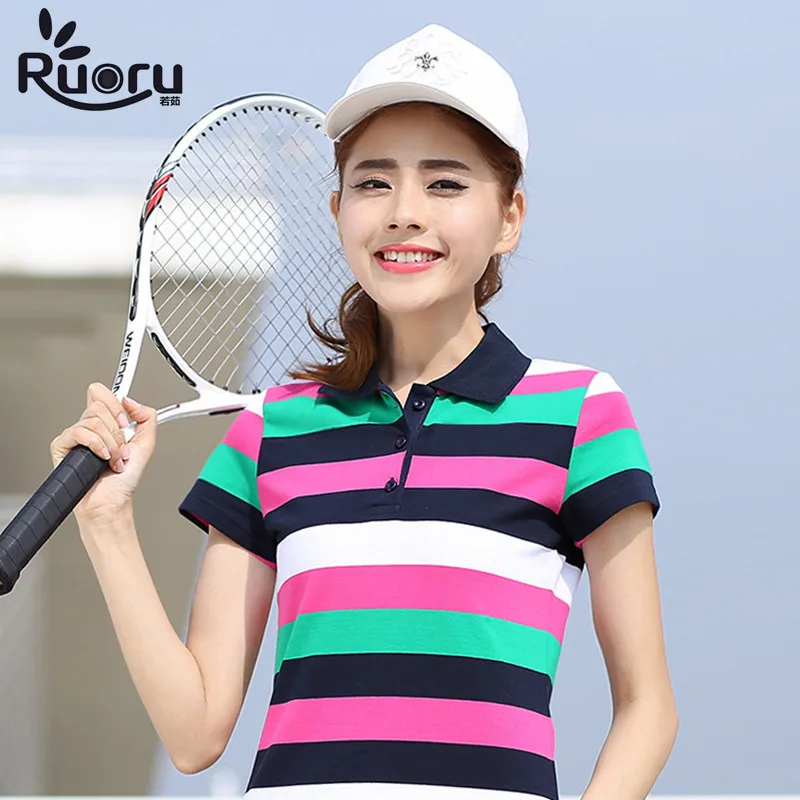 Ruoru M-6XL large size muticolor striped polo shirt women summer spring polo women short sleeve polo femme polo shirt