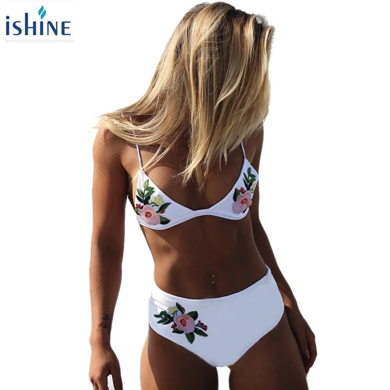

Spring Summer Women Sexy White Bikini Sets Floral Embroidery Spaghetti Strap Two-piece Swimsuit Swimwear Bra & Panties Tankini