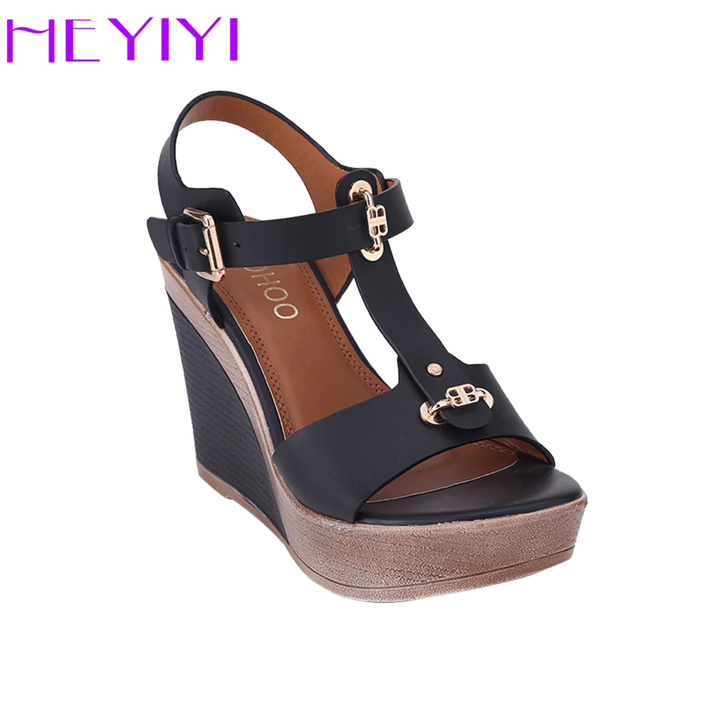 

HEYIYI Shoes Women Sandals T-Strap High Heels Wedges Platform Blue Camel Color Fashion Adjustable Buckle Strap Free Shipping