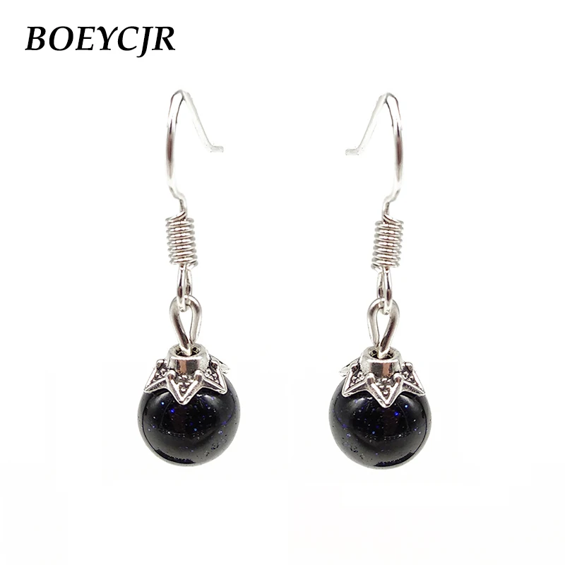 

BOEYCJR Natural Blue Sandstone Drop Earrings Handmade Fashion Jewelry Hook Earrings Black Stone Earrings for Women 2019