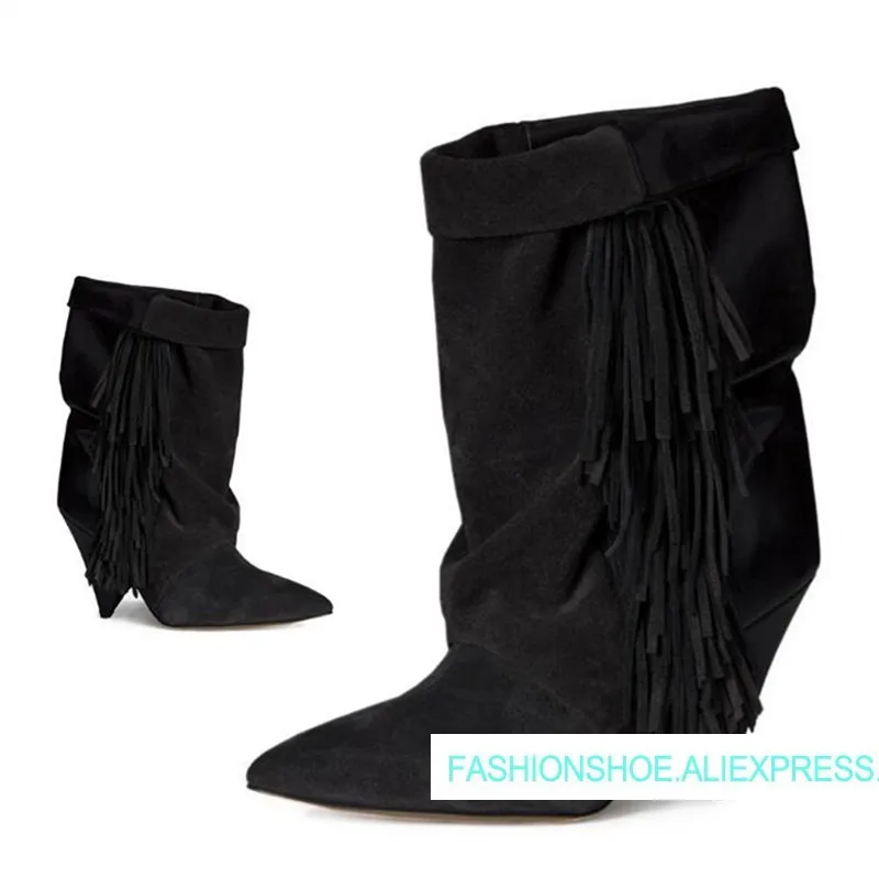 Tassel Woman Boots Suede Fringe Ankle Boots Slip On Spike High Heels Pointed Toe Runway Woman Boots Wedge Shoes Plus Size Tide Tassel Woman Boots Suede Fringe Ankle Boots Slip On Spike High Heels Pointed Toe Runway Woman Boots Wedge Shoes Plus Size Tide