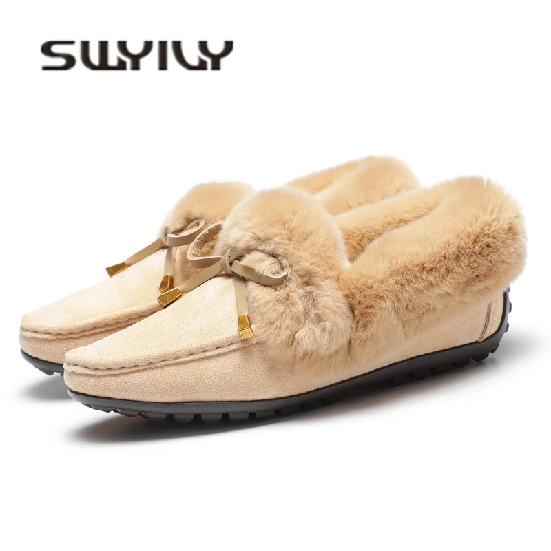 SWYIVY Winter Warm Flats Shoes Rabbit Fur 2018 Female Casual  Genuine Leather Bow Warm Shoes Slip On Winter Snowboots Loafers