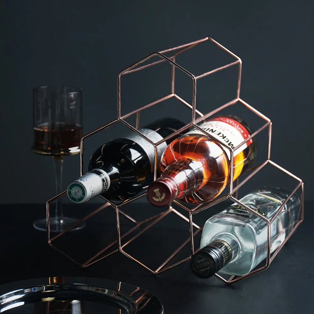 Rose Gold Iron Wine Rack Wine Holder Kitchen Bar Stand Whisky Shelf