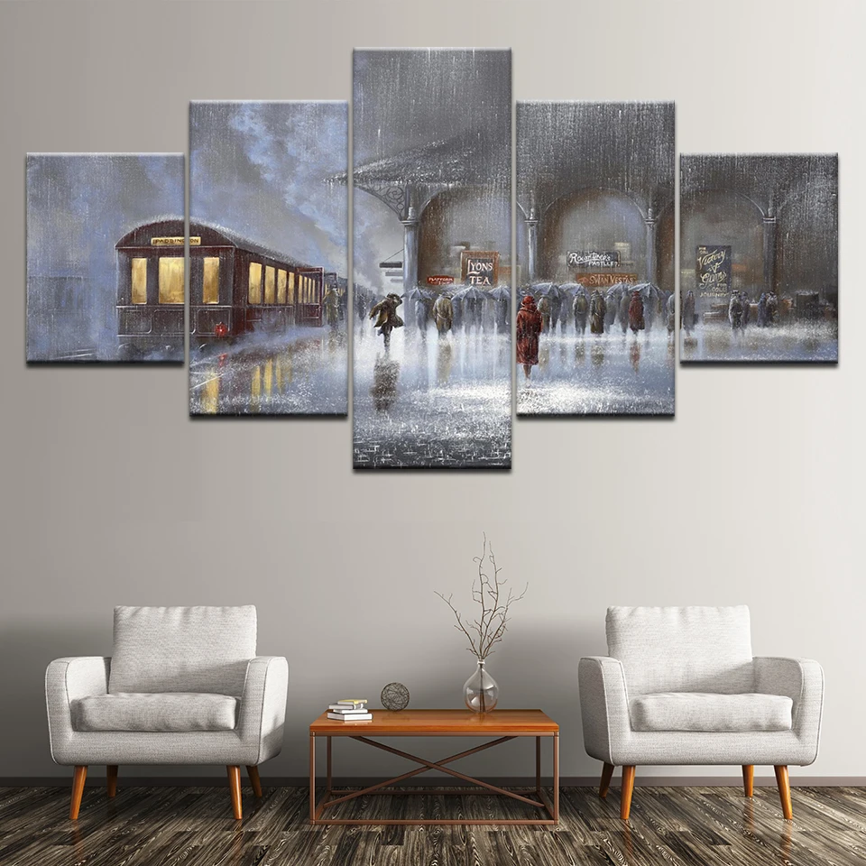 Картина на холсте snow city street train station 5 шт. настенная живопись модульные обои постер