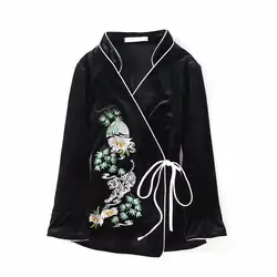 Новый Стиль Осень кардиган, куртки 2018 с длинным рукавом черный весенний цветок бархат куртка с вышивкой Для женщин Q247