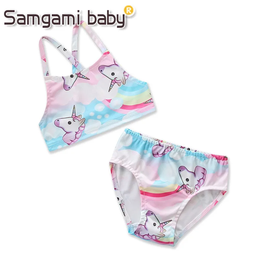 Samgami طفل جديد الصيف فتاة ملابس السباحة الكرتون يونيكورن الطباعة بيكيني ملابس الأطفال طفل الفتيات الملابس 2-6y