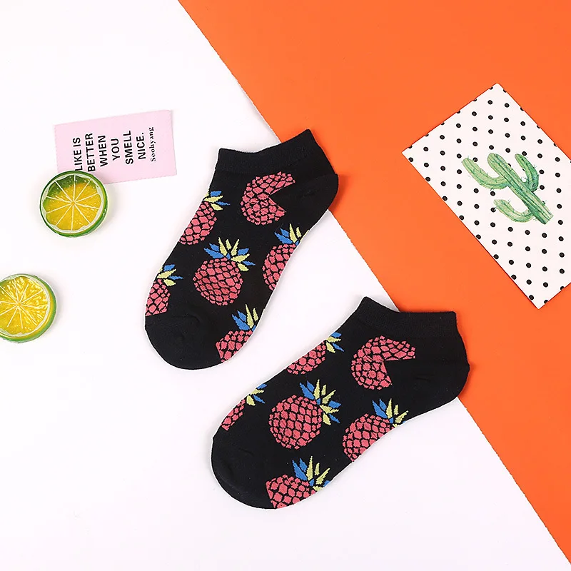 Классические парные носки-башмачки с принтом фруктов и животных Дышащие носки в стиле хип-хоп для скейтборда, Винтажные эластичные мягкие модные носки унисекс - Цвет: black pineapple