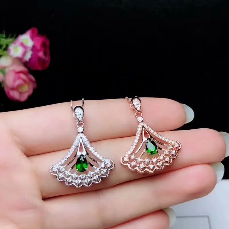 Mode ventilateur Floral réceptacle naturel vert diopside pendentif collier S925 argent naturel pier
