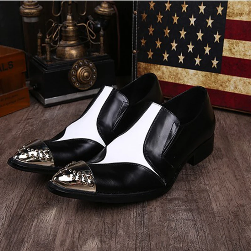 Luxury Genuine Leather Wedding Shoes Pointed Toe Black White Dress