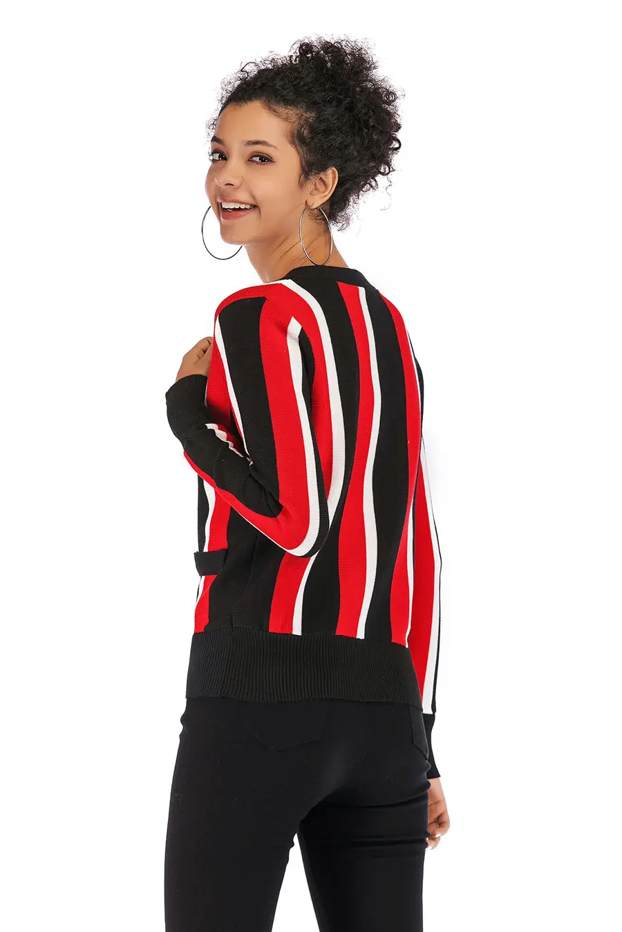 Gladiolus 2018 Autumn Winter Knitted Sweater Women Long Sleeve V-Neck Singer Breasted Pocket Striped Cardigan Women Sweater Tops (22)