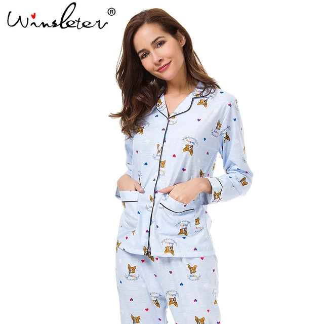 New 2018 Pajama Sets Women Cute Corgi Print French Bulldog