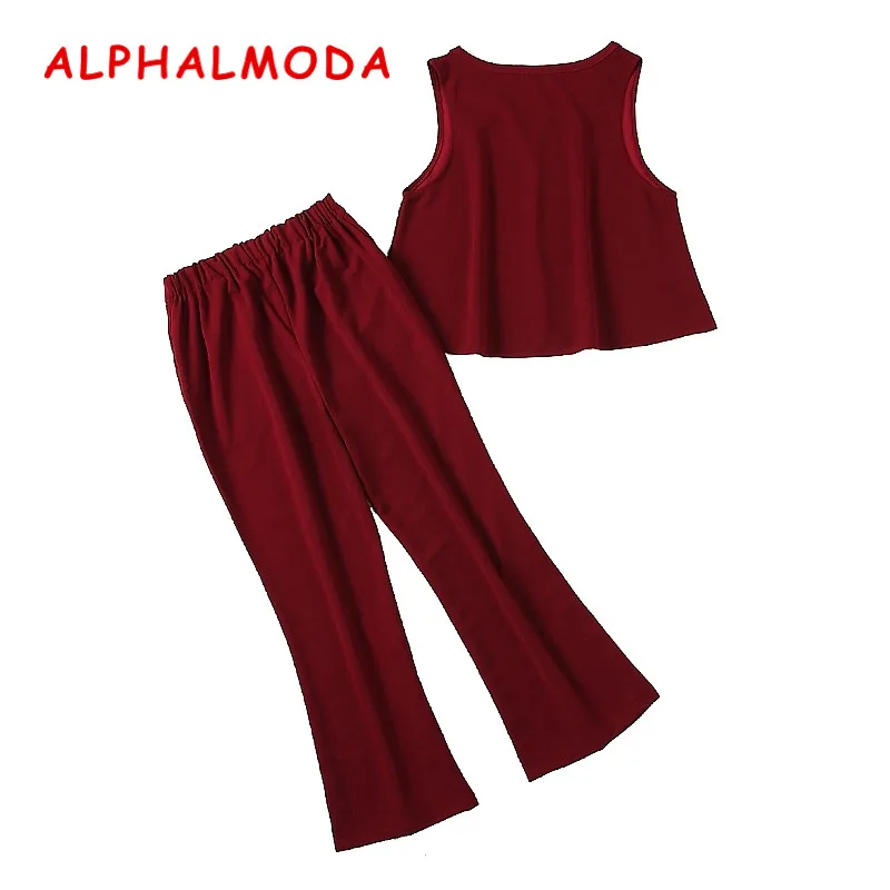 ALPHALMODA/лето г. новое поступление OL Блузка Брюки 2 шт. костюмы трапециевидной формы без рукавов рубашки+ спереди разделение узкие брюки наборы