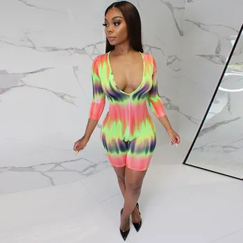 

Fashion Print Deep V Neck Sexy Playsuit Summer Clothes For Women One Piece Romper Bodycon Jumpsuit Short