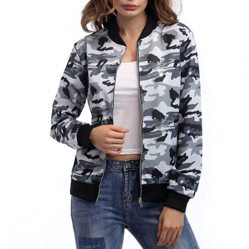 Womens Lady Long Sleeve Biker Camouflage Army Printed Bomber Jacket Coat Outwear