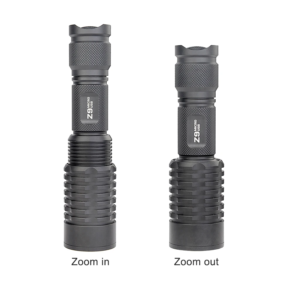 Kopen Zaklamp LED Waterdichte Strobe SOS Poort voor Camping Outdoor Vissen Z9 Zaklamp 600 LM Zoom Zaklamp met Micro USB Opladen