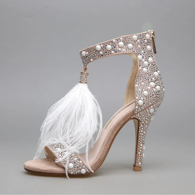 

New Sexy Women Summer High Heel Sandals Genuine Leather Rhinestone Genuine High Heel Feather Women's Wedding Shoes Female Pumps