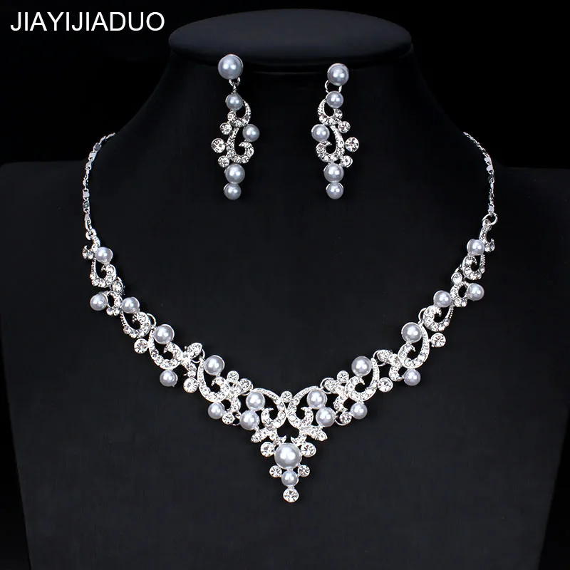 

jiayijiaduo Wedding Jewelry Set for Women Bridesmaid Gift Jewelry Silver Color Imitation Pearl Crystal Necklace Earrings Set