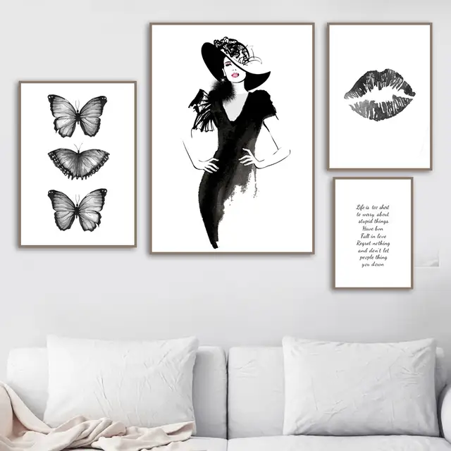 Black White Butterfly Fashion Woman Lips Wall Art Canvas Painting