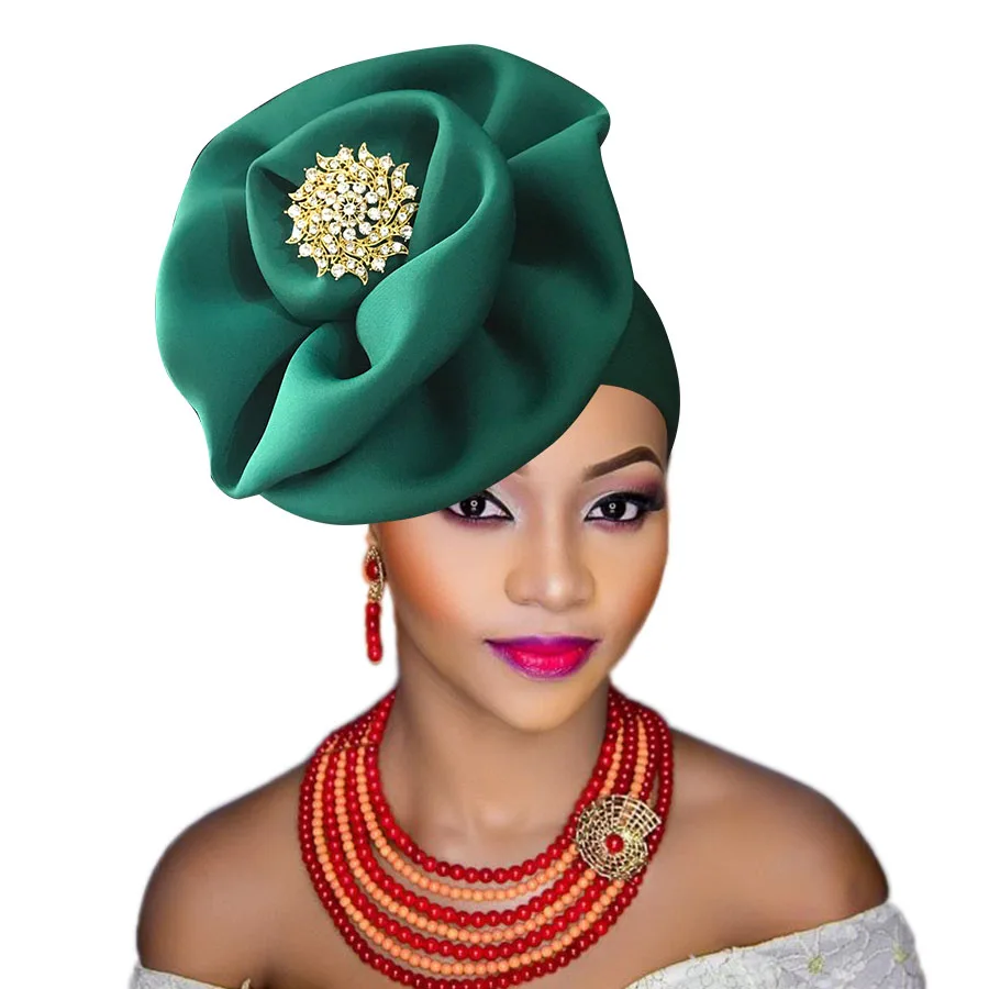 

2019 new style turban head wrap with brooch flower party cap headwrap for african women
