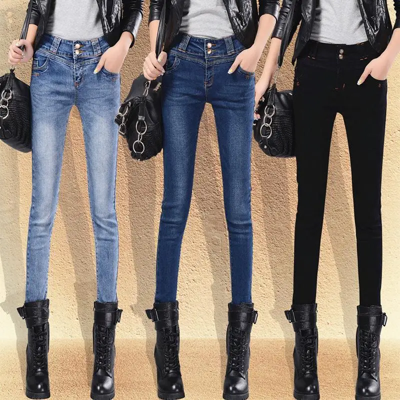 

2017 Autumn Women Double Breasted High Waist Elastic Skinny Jeans Stretch Denim Pencil Pants High Waist Jeans Women Jeans