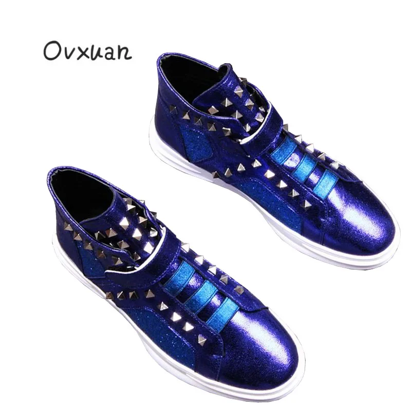 

Ovxuan Silver Rhomb Rivets High Loafers Glitter Sequins Men Flats Moccasins Party Banquet Prom Luxury Brand Handmade Men Shoes