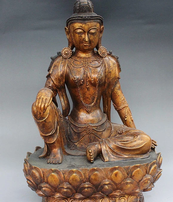 

20" Old Tibet Buddism Bronze Gilt Sit Free Kwan-Yin Bodhisattva GuanYin Statue