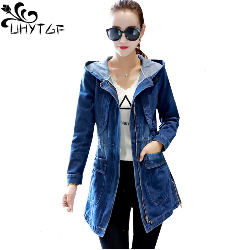 

UHYTGF 3XL plus size top Jacket woman New Hooded spring autumn jeans jacket Medium length woman student Windbreaker outerwear196