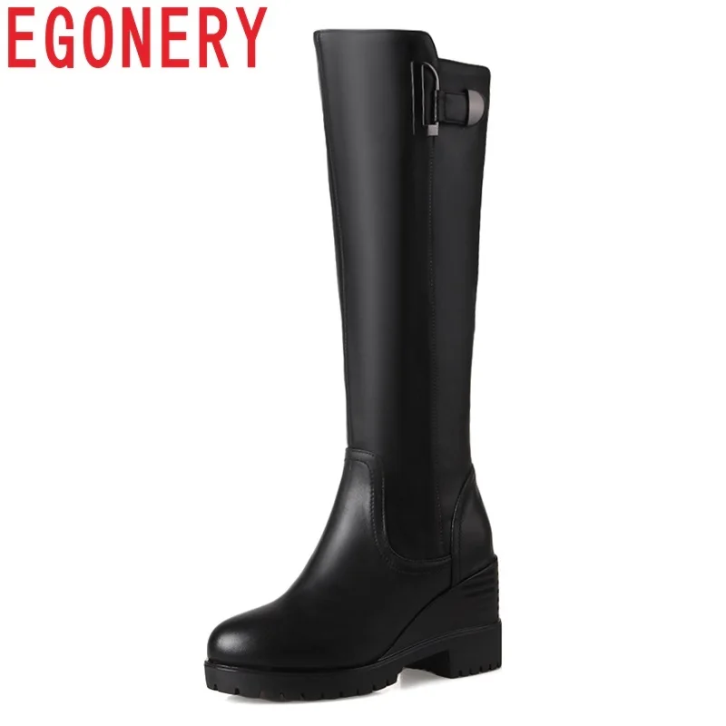 

EGONERY 2018 newest hot sale women shoes high wedges platform round toe metal decoration fashion concise black knee high boots