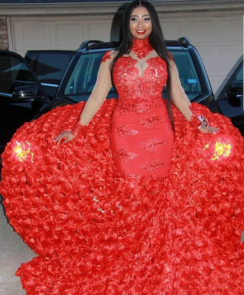 

New Design Red African Mermaid Prom Dresses 2019 High Neck Long Sleeves Lace Appliques Court Train Formal Evening Gowns Party Dr