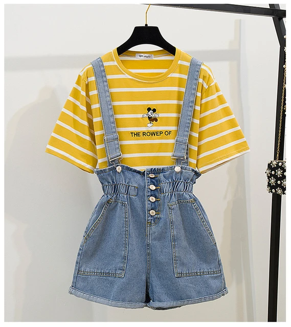 Fashion T-shirt and Overalls Women Suits Solid Striped Sweet Girls Tops Elastic Waist Short Overalls Two Piece Set women suits 3