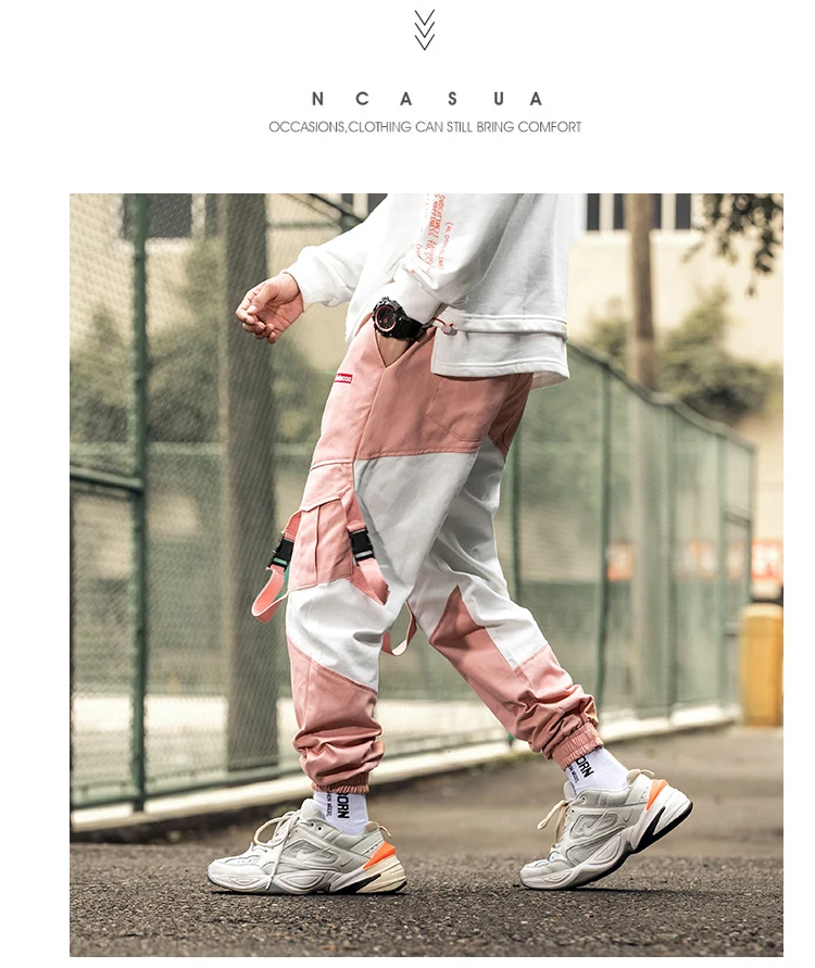 Una Reta Man Pants New Fashion Streetwear Joggers Hip Hop Trousers Men casual Elastic Waist Buckle design Pink Cargo Pants Men