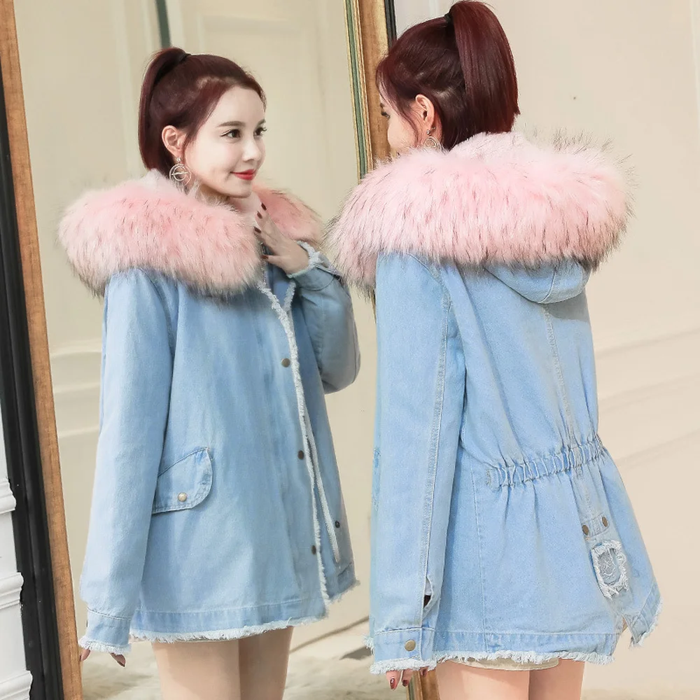 Lxunyi Denim Jeans Collar Manteau Femelle Automne White Dames Pink Collar Veste Bouton 2018 Femmes Hiver Féminin Capuchon Nouvelle beige Lâche Parka Fourrure Couvert À Poches De rq8rZFwxA