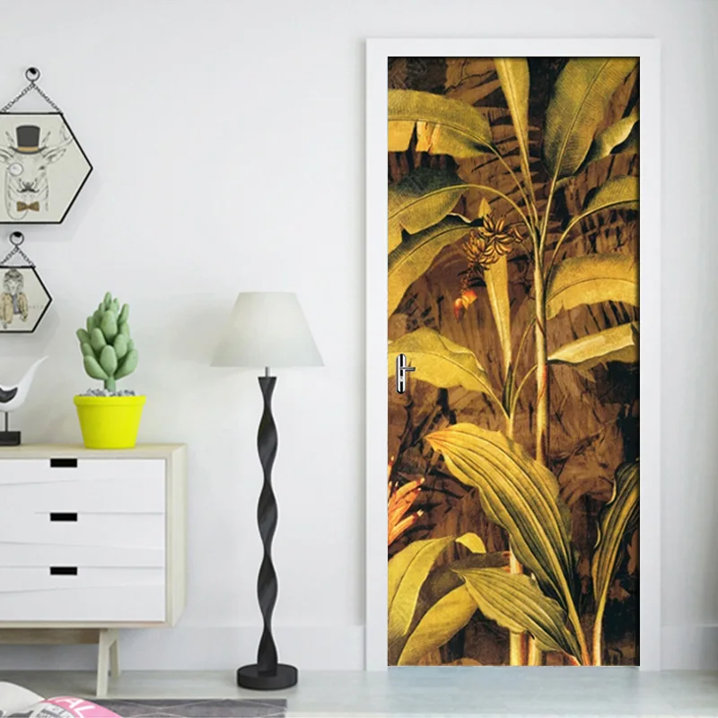 Художественный надверный стикер ручная краска ed Banana листья дверь краска Спальня Гостиная Дверь, декоративные ПВХ наклейки на стену 3D Обои фреска