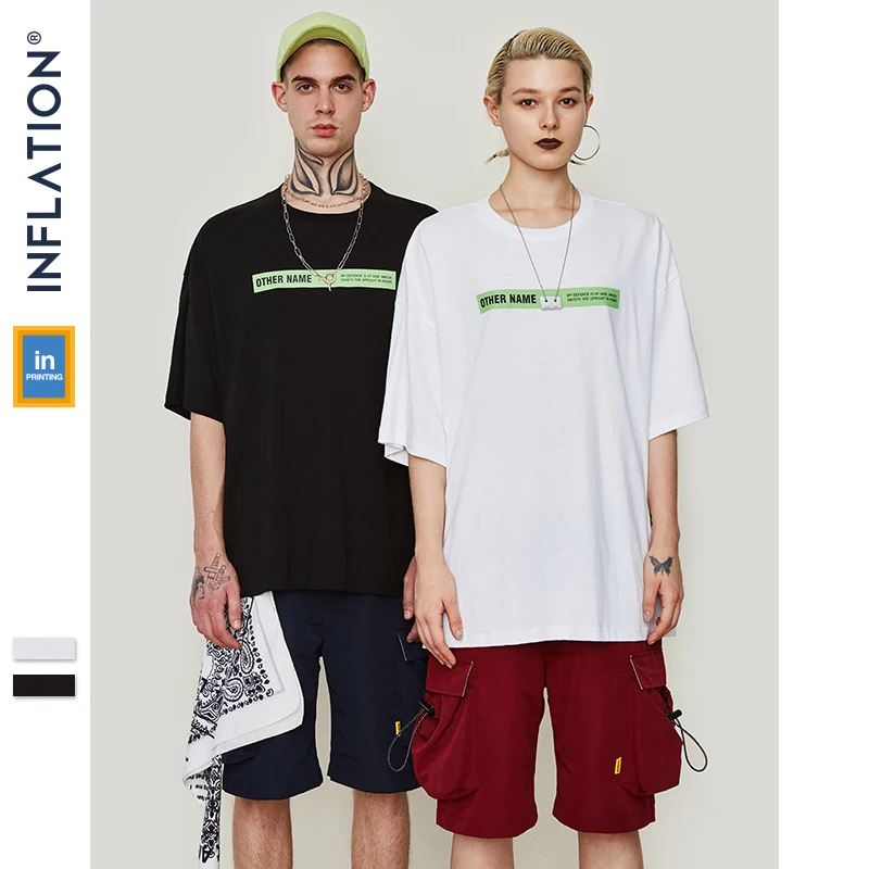 INFLATION Men Clothing Oversize Short Sleeve Tshirt Letter Printed Tee Fashion Streetwear Hip Hop Casual Cotton Tops Tees 91101S