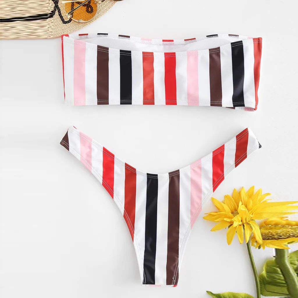 

Womail Women Sexy Stripe Swimsuit Bikini Bathing Bra Push-Up Halter Beachwear Bandage Suit tankini 2 pieces swimwear I300117