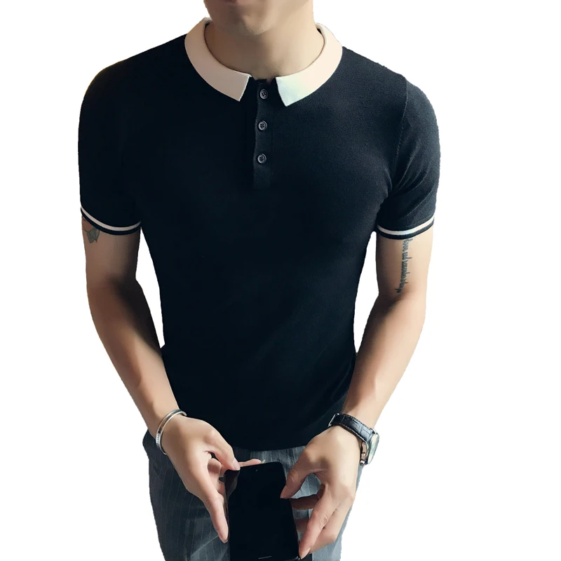 

20019 new business solid color lapel bottoming shirt men's short-sleeved Slim Korean social cotton embroidery polo shirt tide ma