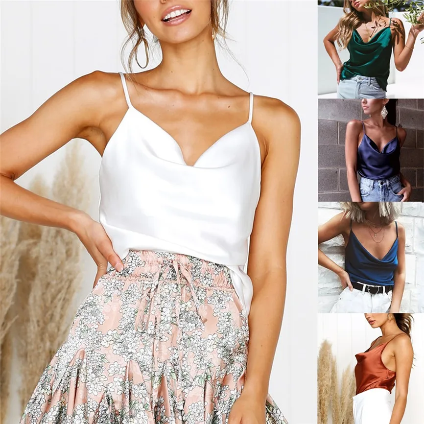 

2019 New Fashion Women Summer Sexy Womens Fashion Solid Color Adjustable Casual Basic Strappy Solid Tank V-neck Shirt Top