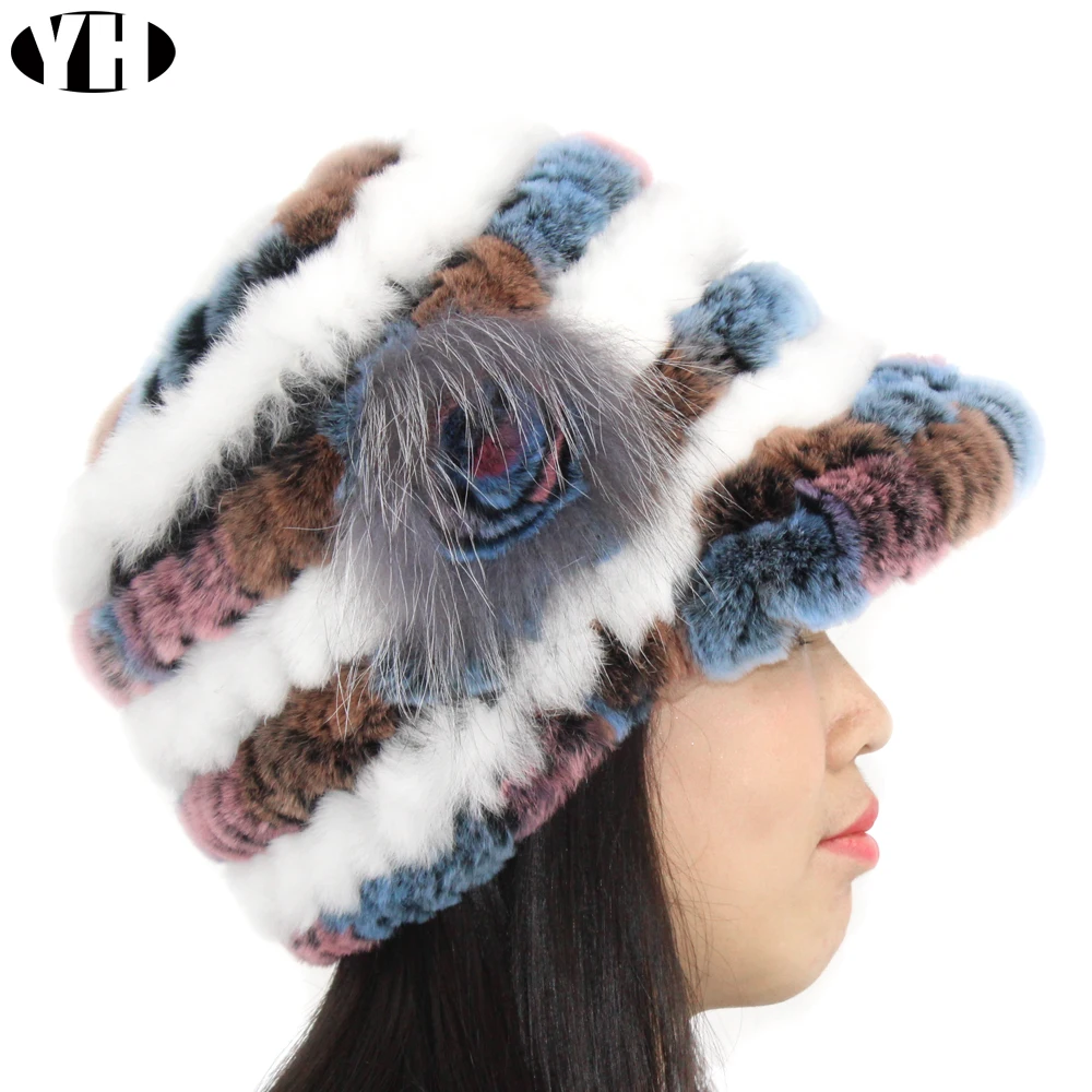 Новая модная женская зимняя шапка из натурального меха кролика рекс шапки в цветочек ручной вязки краев зимние шапки, головные уборы