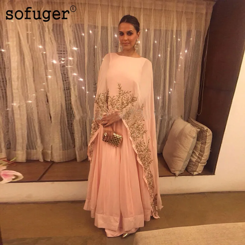 

Peach Pink Muslim Evening Dresses Golden Lace Appliques Chiffon Plus Size Saudi Arabic Formal Evening Special Occasion Women