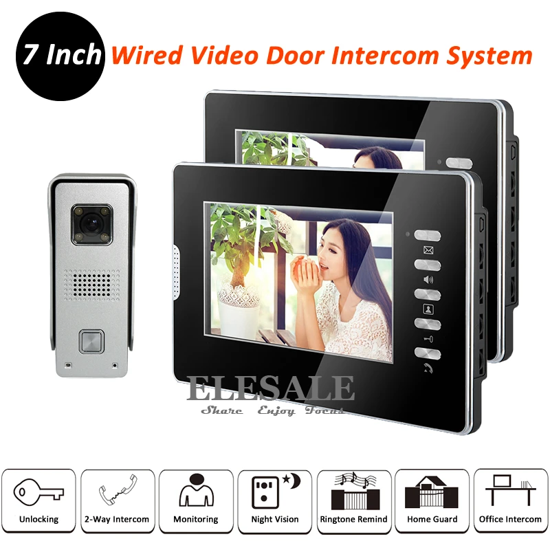 

New Home Wired Video Door Intercom System Rainproof Doorbell Camera 2 7" LCD Monitors IR Night Vision For Apartment In Stock